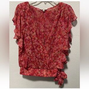 Liverpool Flutter Sleeve Blouse Sz L Wrap Smocked Cottage Boho 
Orange Red